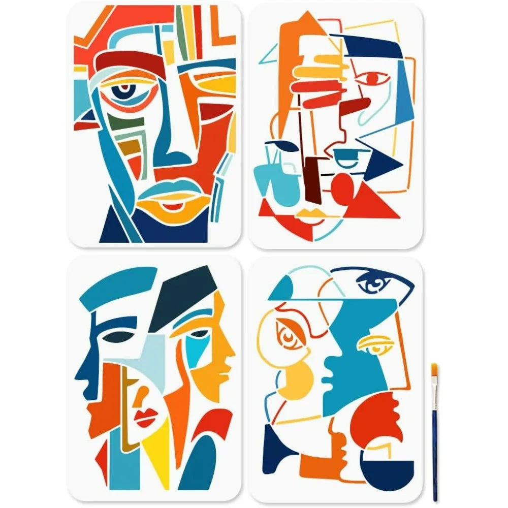 4-Pack A4 Abstract Face Art Stencils with Brush | Reusable PET Art Stencil Set QXL