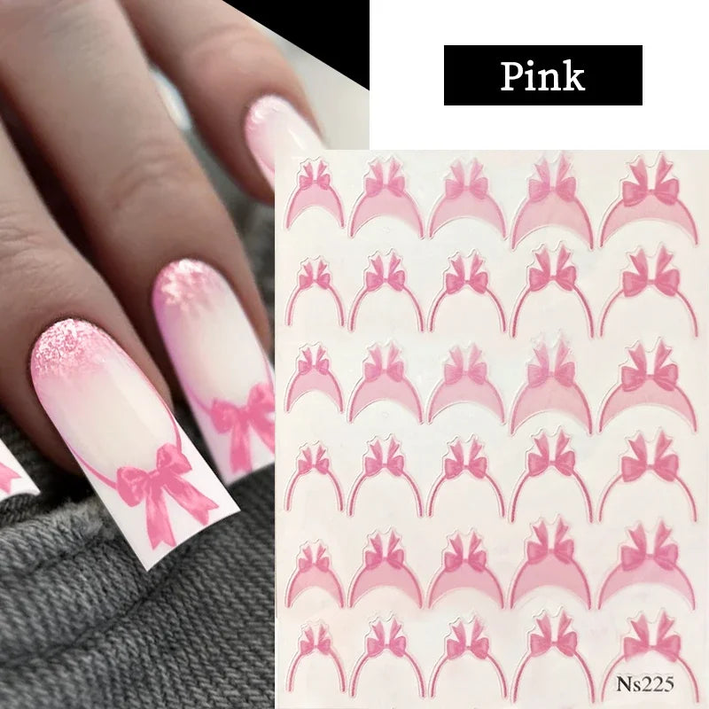 5D Gradient French Nail Stickers | Bowknot & Stripe Decals Nail Art Stickers QXL NS225 pink