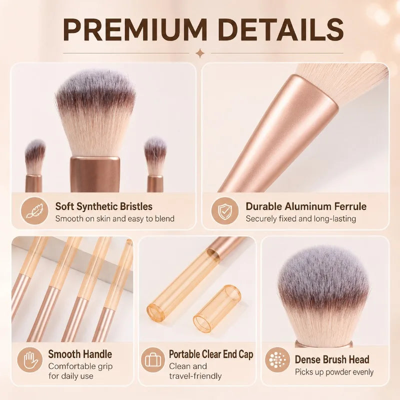 5-Piece Portable Makeup Brush Set with Zip Pouch | Face & Eye Makeup Brush Set QXL