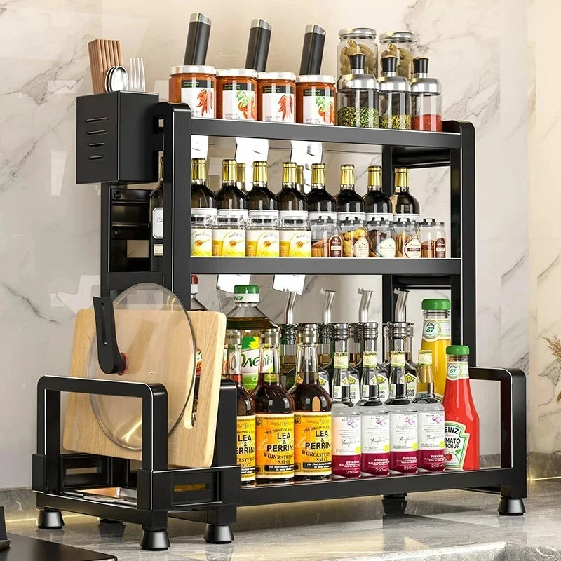 3-Tier Adjustable Metal Spice Rack with Knife Holder – Black Kitchen Spice Rack QXL