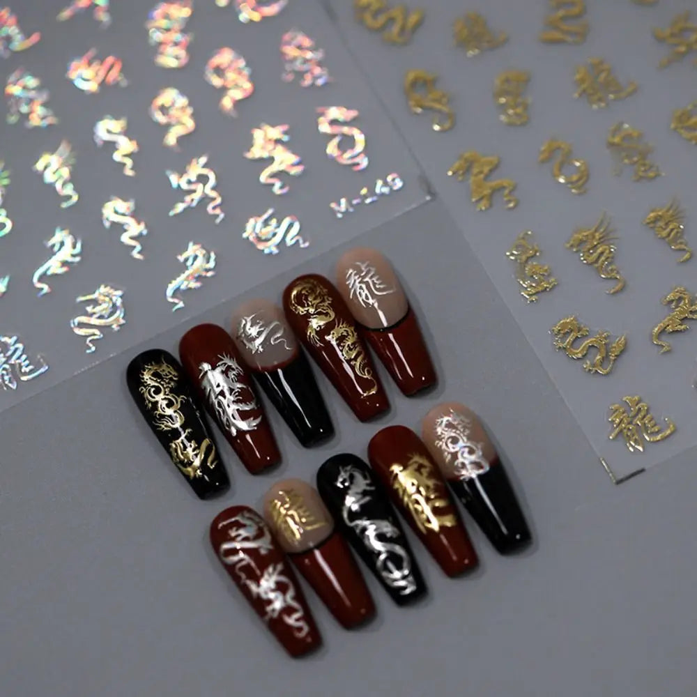 3D Dragon Metallic Nail Stickers | Gold & Silver Mirror Decals Nail Art Stickers QXL