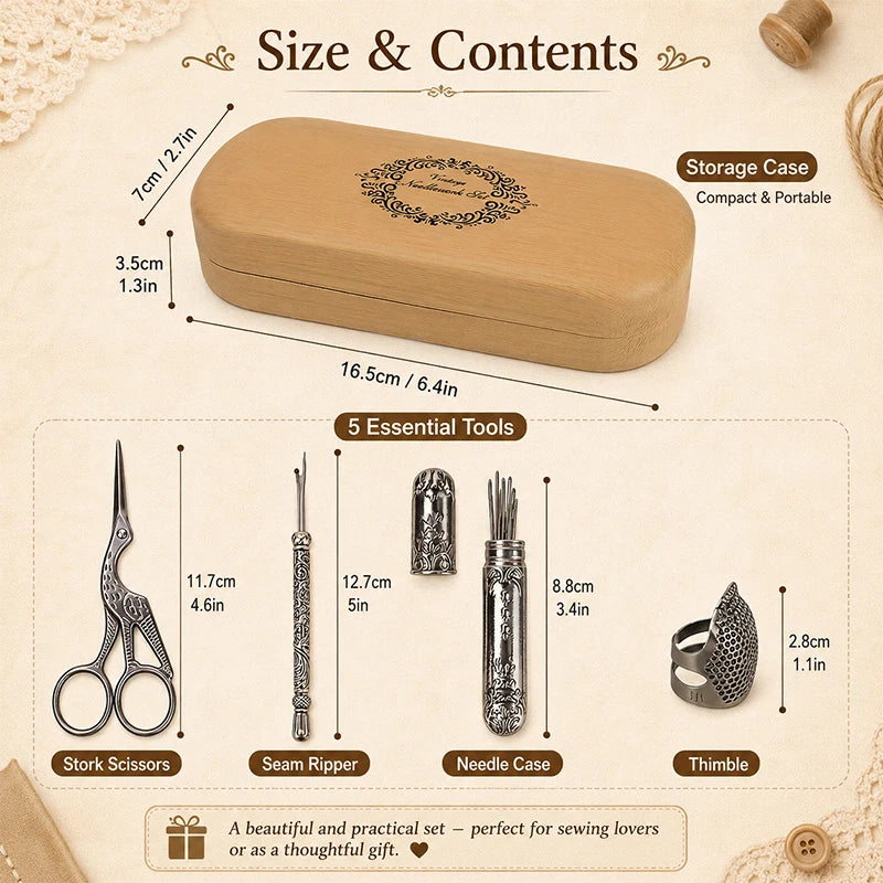 Vintage Sewing Tool Set with Wooden Box | DIY Embroidery Gift Sewing Tool Set QXL