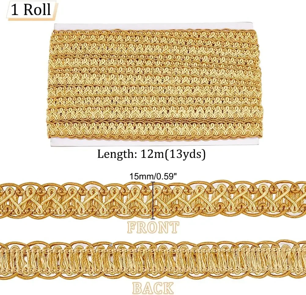 Golden Gimp Braid Trim 15mm – 13 Yards Woven Lace Ribbon Decorative Braid Trim QXL
