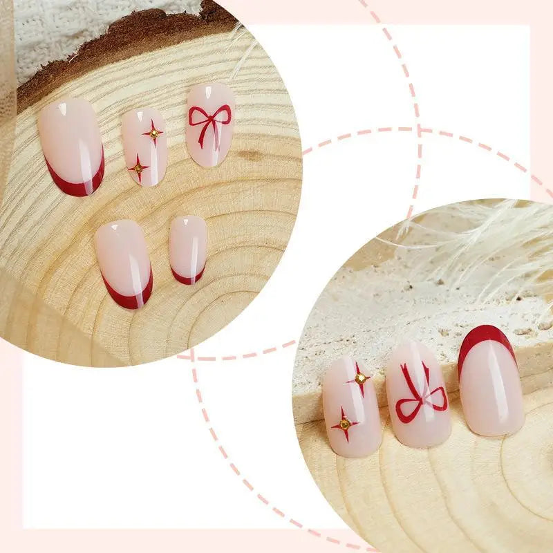 24-Pc Almond Press-On Nails | Pink Bowknot French Tip Press-On Nail Set QXL