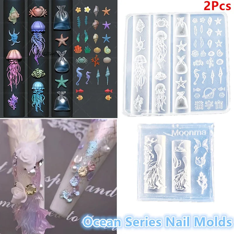 3D Silicone Ocean Nail Art Mold – Jellyfish & Fishtail 2-Pc Set Silicone Nail Mold QXL