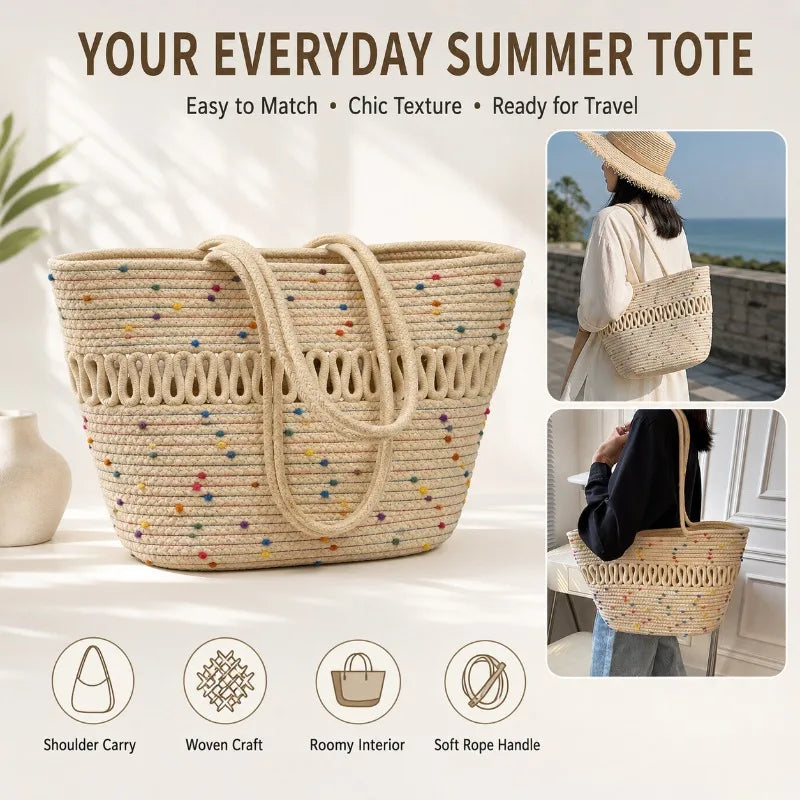 Women's Woven Tote Bag | Large Beach & Travel Shoulder Bag Woven Tote Bag QXL