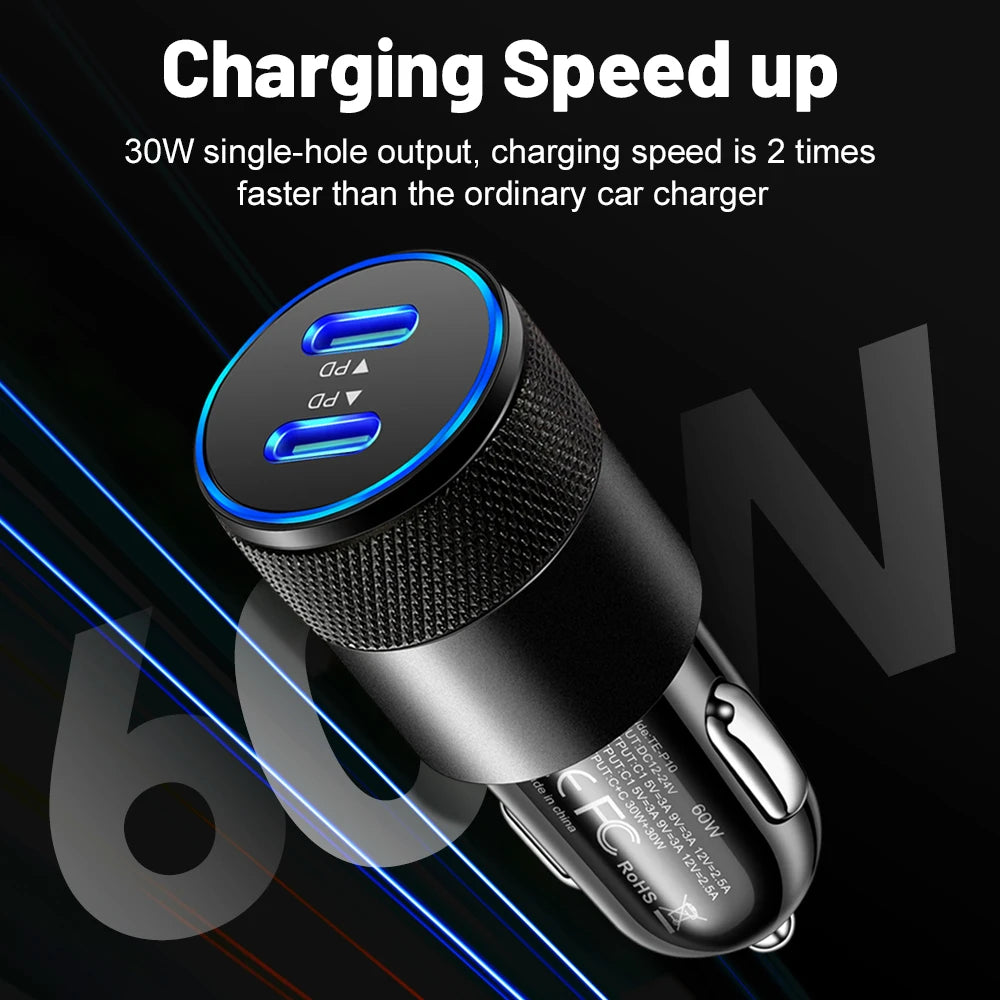 60W Dual USB-C Car Charger PD 3.0 Fast Charging Adapter Car Charger Adapter QXL