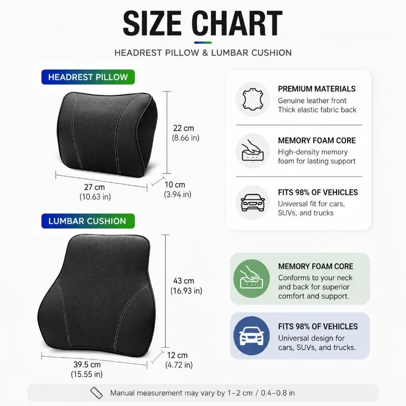 Leather Car Headrest Pillow & Lumbar Cushion | Memory Foam Car Seat Cushion Set QXL