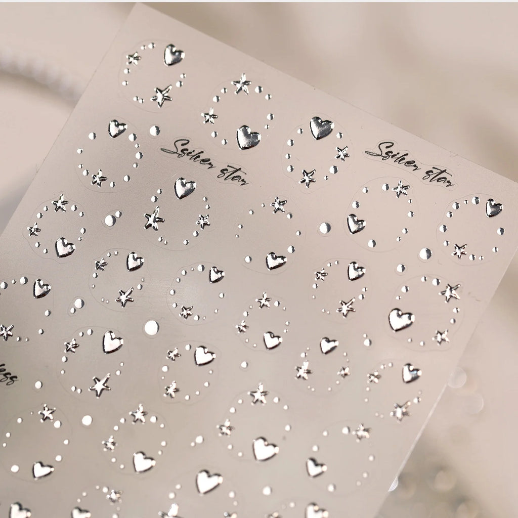 5D Silver Star & Heart Nail Art Stickers – Self-Adhesive Decals Nail Art Stickers QXL