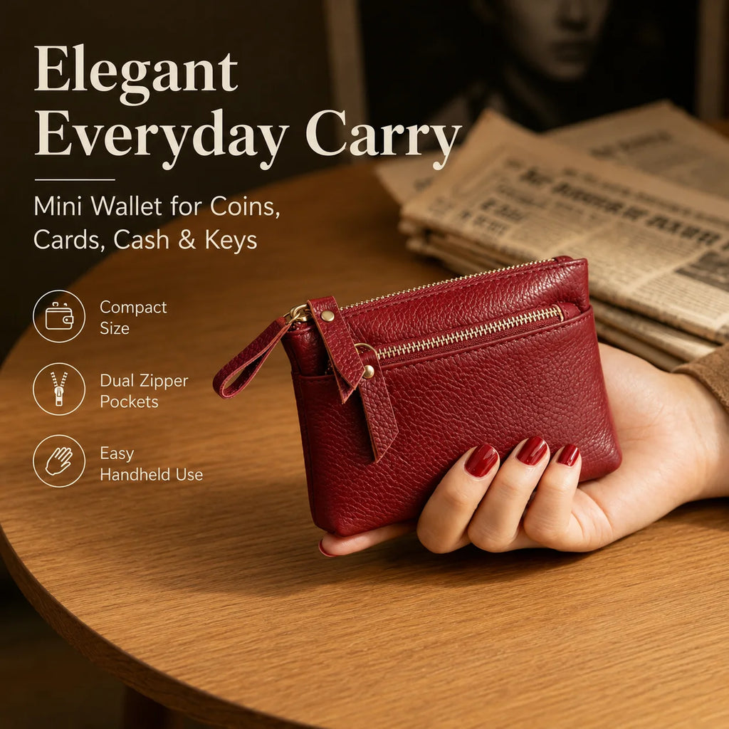 Mini Genuine Cowhide Leather Zipper Wallet | Women's Coin Purse Leather Coin Wallet QXL