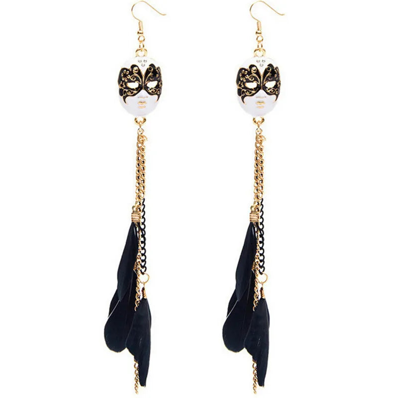 Baroque Feather Tassel Mask Long Drop Earrings – Gold Drop Earrings QXL 1 Pair