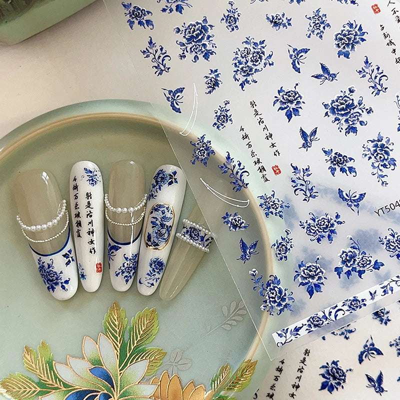 3D Blue White Porcelain Nail Art Stickers | DIY Decals Nail Art Stickers QXL