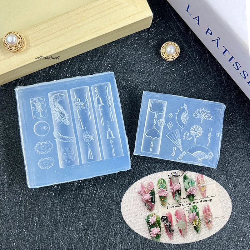 3D Chinese-Style Silicone Nail Art Mold | Dragon & Fan Designs Silicone Nail Mold QXL