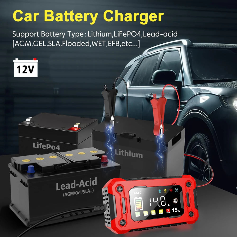 EAFC 12V 15A Smart Car Battery Charger with LCD Display Car Battery Charger QXL
