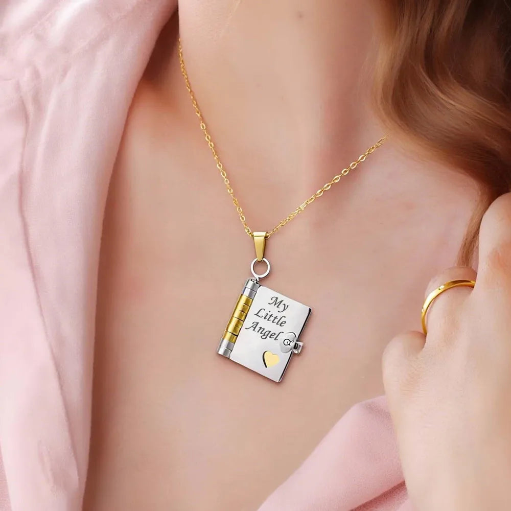 Stainless Steel Book Pendant Necklace | Family Keepsake Gift Pendant Necklace QXL