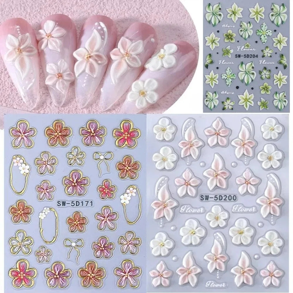 3D Embossed Nail Stickers | French Floral Gold Petal Decals Nail Art Stickers QXL