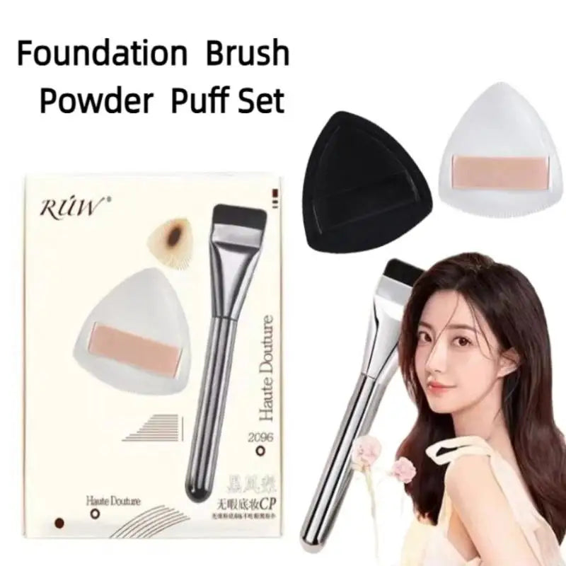 Flat Top Foundation Brush & Powder Puff Set | Makeup Tools Foundation Brush Set QXL