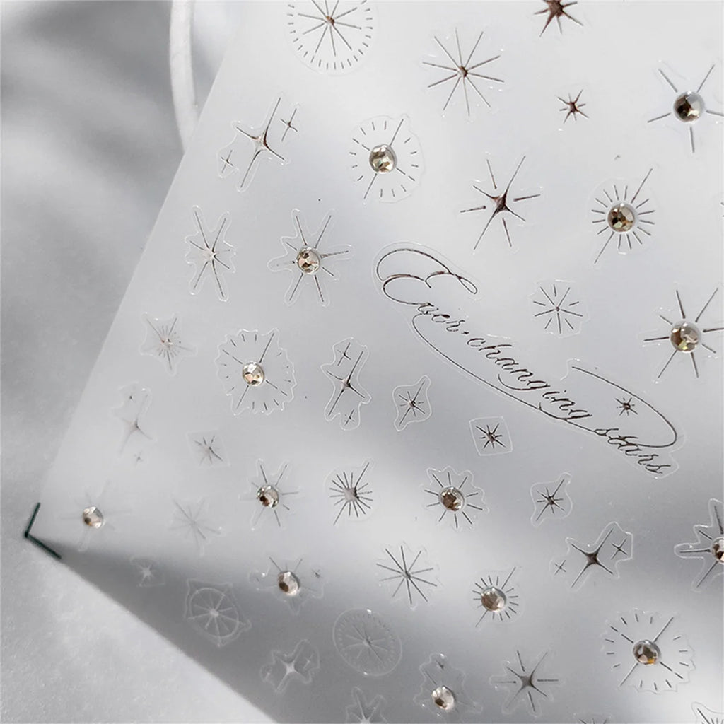 5D Rhinestone Star Nail Stickers | Gold Silver Laser Decals Nail Art Stickers QXL