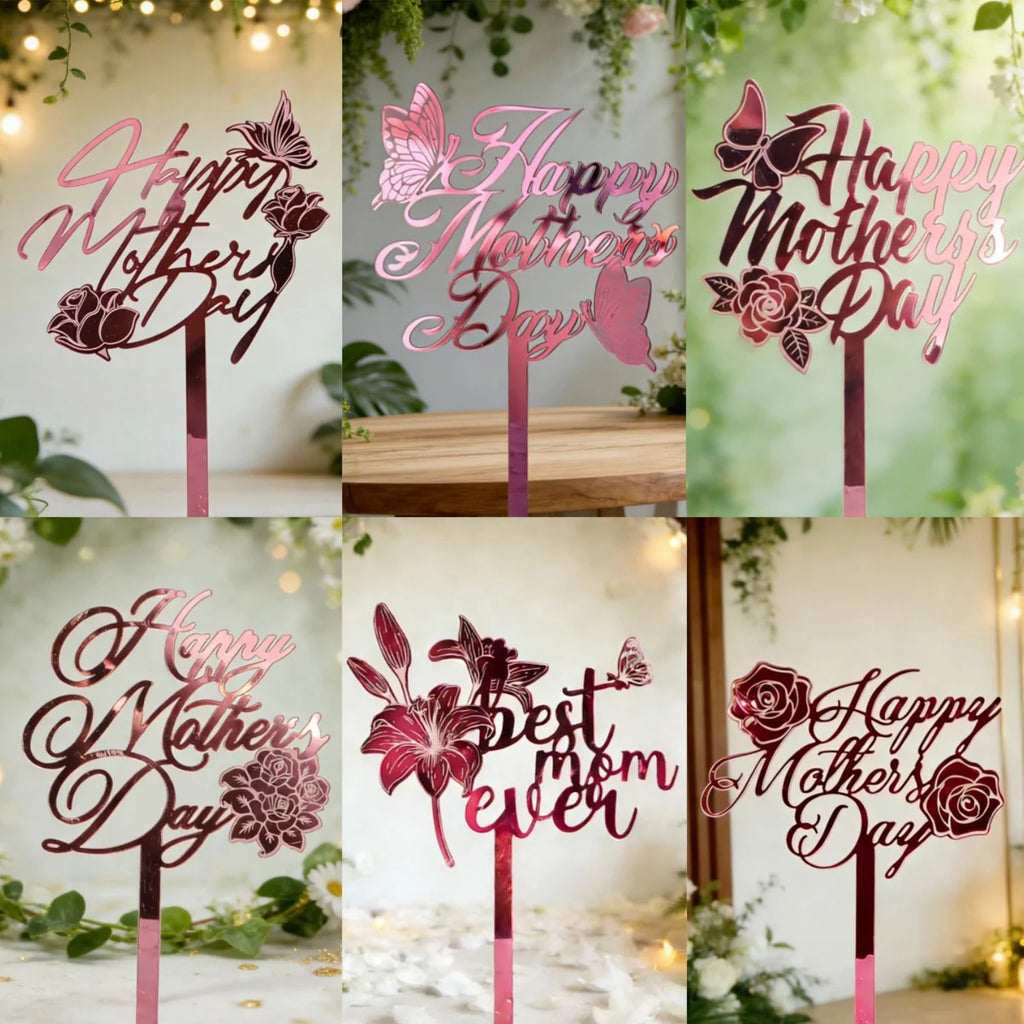 6-Pc Mother's Day Acrylic Cake Toppers – Flower & Butterfly Cake Topper Set QXL Rose Pink 6Pcs