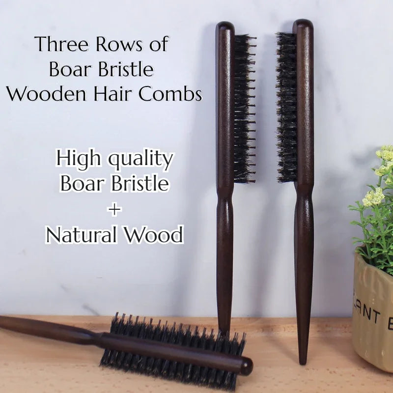 3-Row Boar Bristle Hair Comb | Wood Handle Barber Styling Boar Bristle Hair Comb QXL