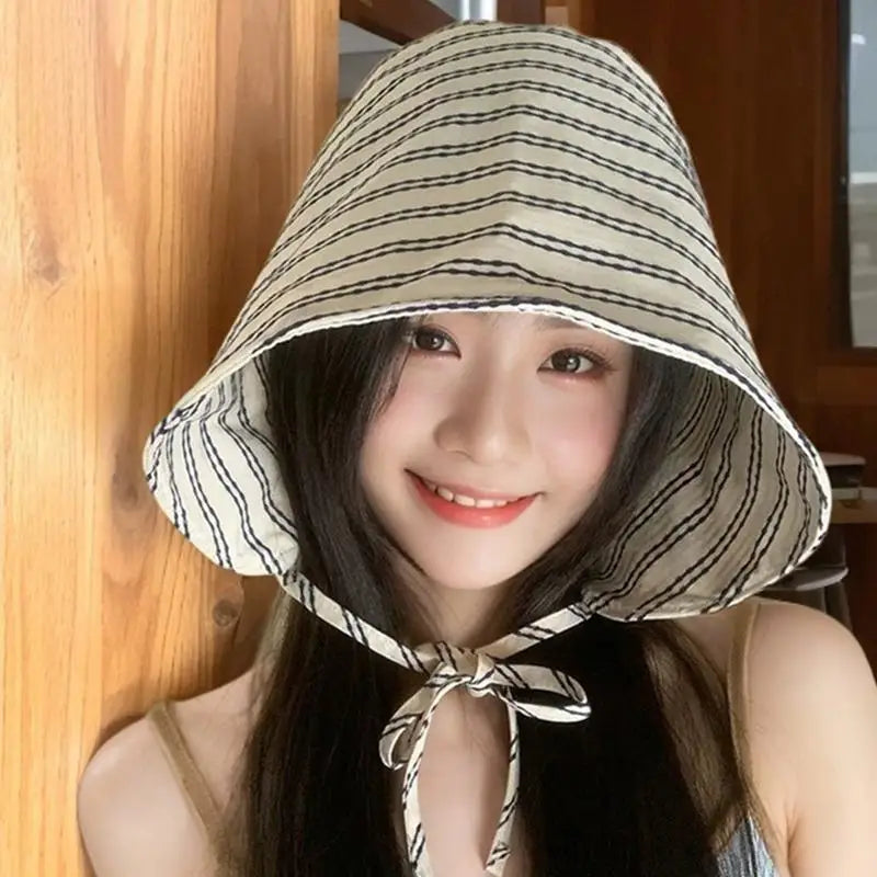 Women's Foldable Wide-Brim Striped Bucket Sun Hat | Panama Bucket Sun Hat QXL