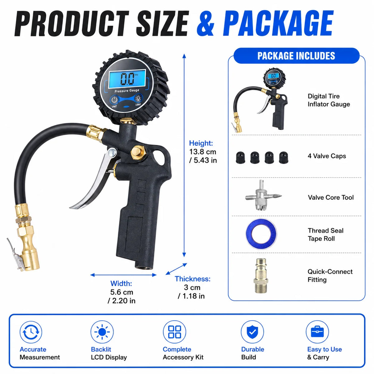 Digital Tire Inflator Pressure Gauge | 3-in-1 Metal & ABS Tire Inflator Gauge QXL