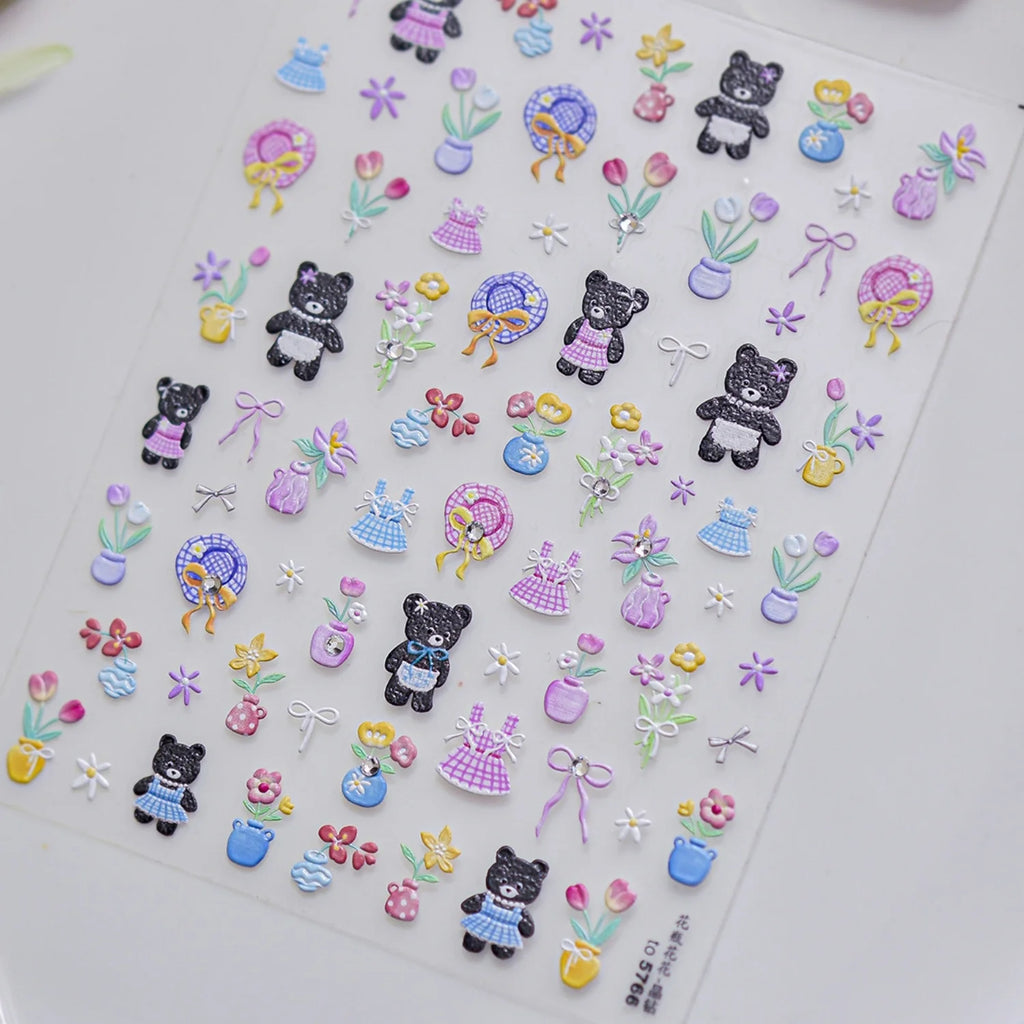 5D Black Bear Nail Art Stickers – Spring Tulip Garden Decals Nail Art Stickers QXL