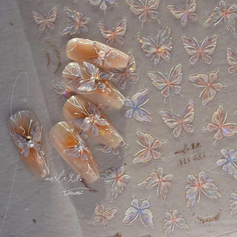 5D Aurora Butterfly Nail Stickers | Pink Shell Shining Decals Nail Art Stickers QXL