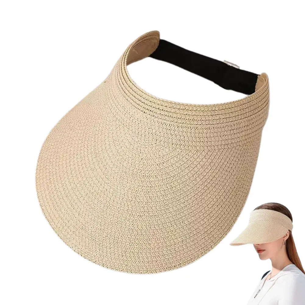 Wide Brim Straw Sun Visor Hat UPF50+ | Adjustable Beach Cap Sun Visor Hat QXL Beige