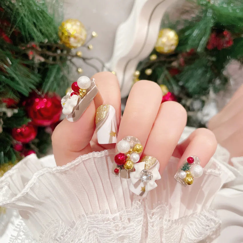 24-Pc Christmas Bowknot Press-On Nails Kit | Festive Manicure Press-On Nail Kit QXL