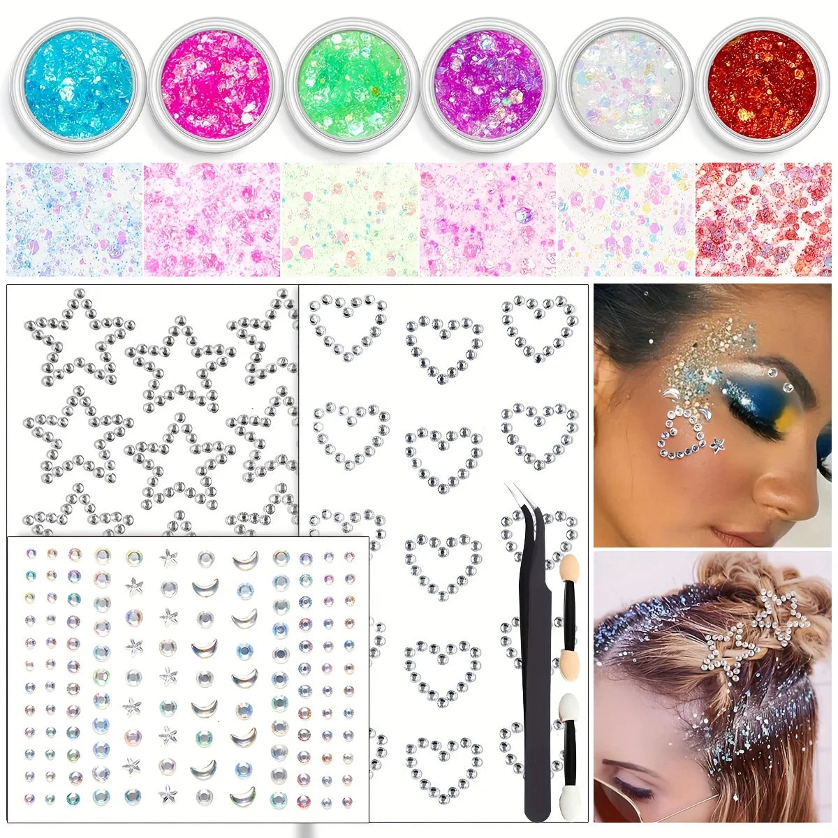 Glitter Hair Gel Set – 6 Colors, Gem Stickers & Rhinestones Glitter Hair & Body Set QXL