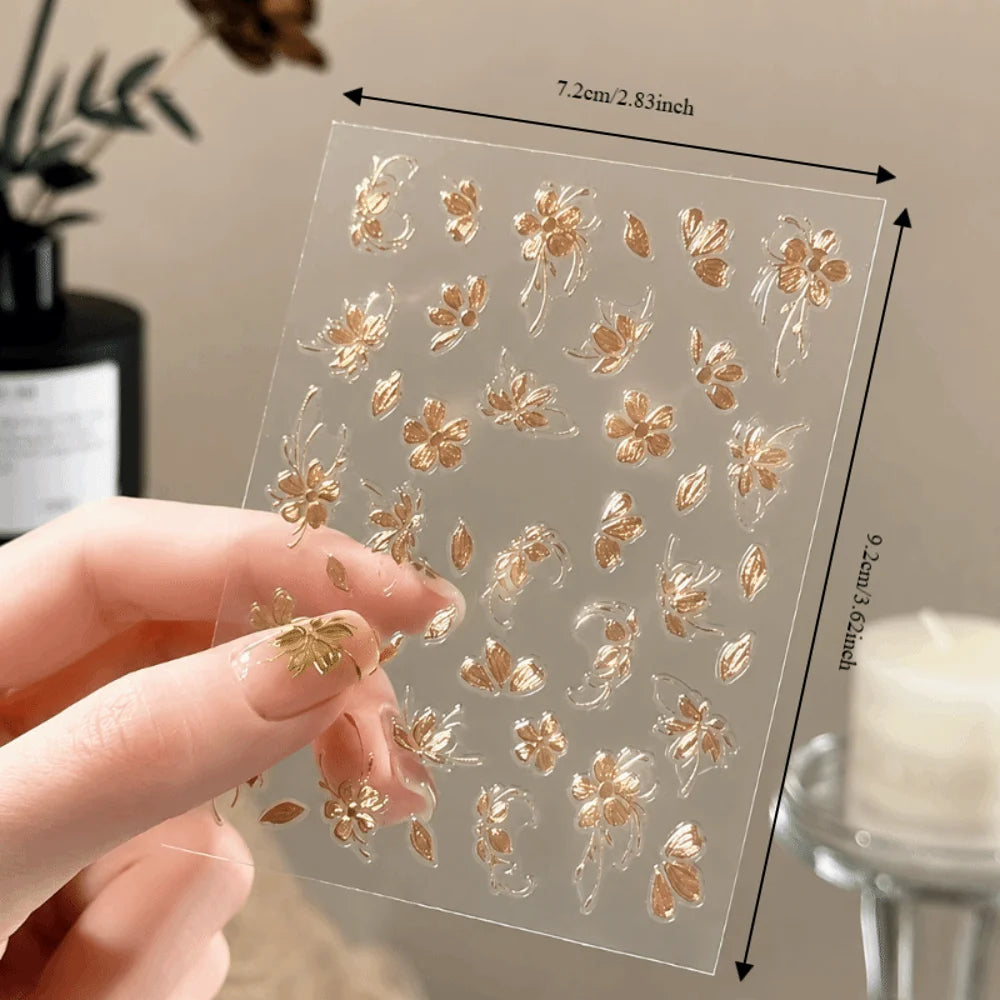 Gold Flower 3D Nail Stickers | Press-On Floral Nail Art Decals 3D Nail Stickers QXL