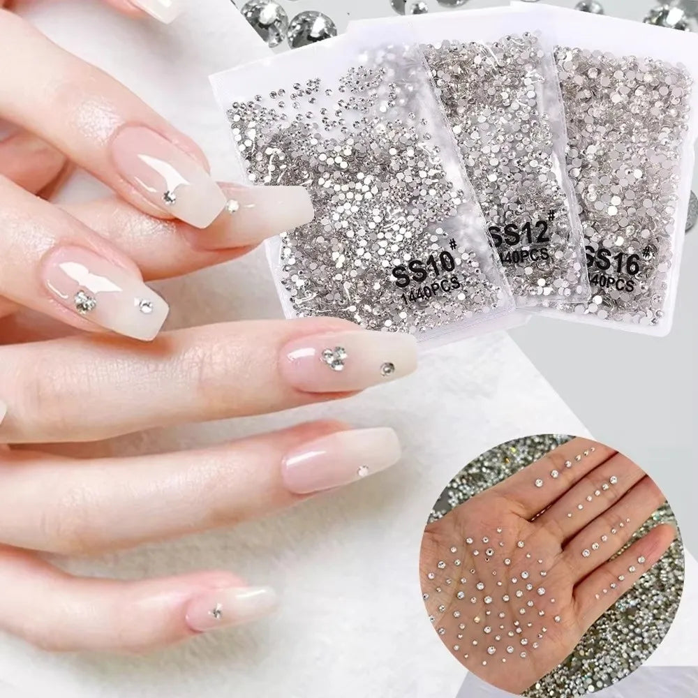 1440-Pc Flat Back Glass Nail Rhinestones AB & Clear SS3–SS16 Nail Rhinestones QXL