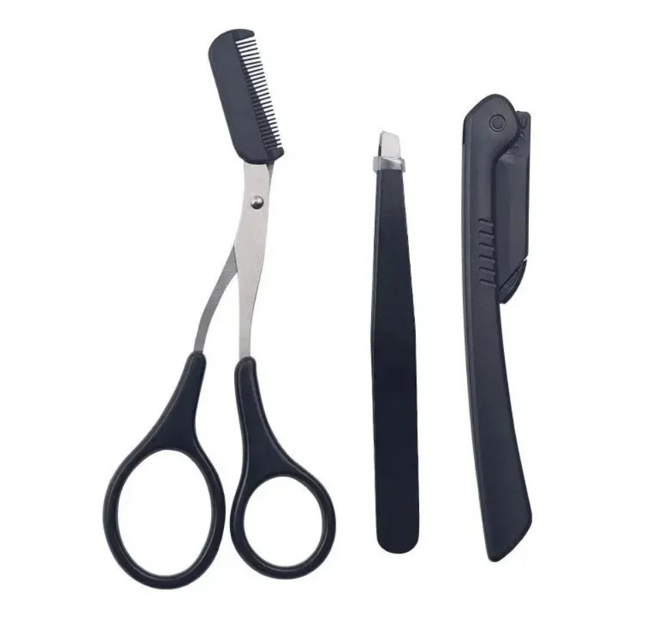 3-Pc Stainless Steel Eyebrow Trimmer Set | Scissors, Comb & Tweezer Eyebrow Grooming Set QXL