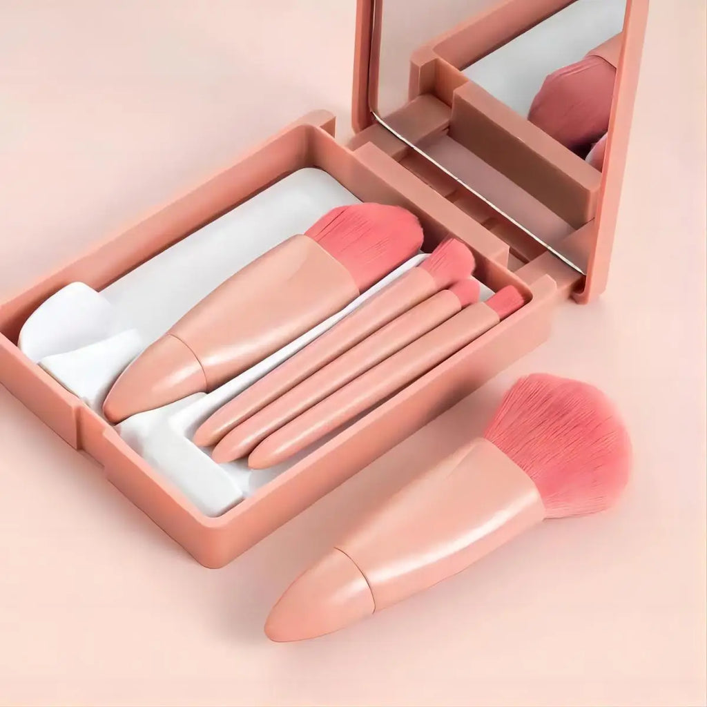 Portable Makeup Mirror & 5-Piece Brush Set | Foldable Pocket Makeup Mirror & Brush Set QXL
