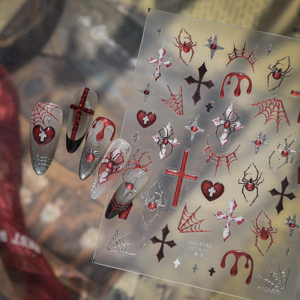 Gothic 5D Nail Stickers | Dark Red Spider Cobweb Decals DIY Nail Art Stickers QXL