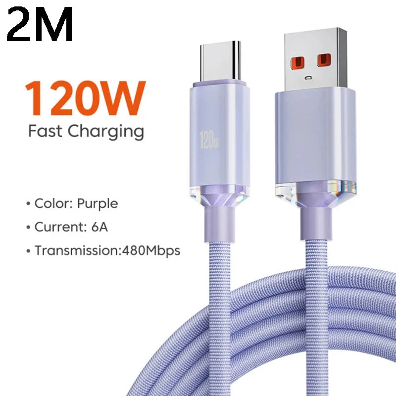 120W USB-C Fast Charging Cable 6A Nylon Braided 1M 2M USB-C Charging Cable QXL 2M Purple