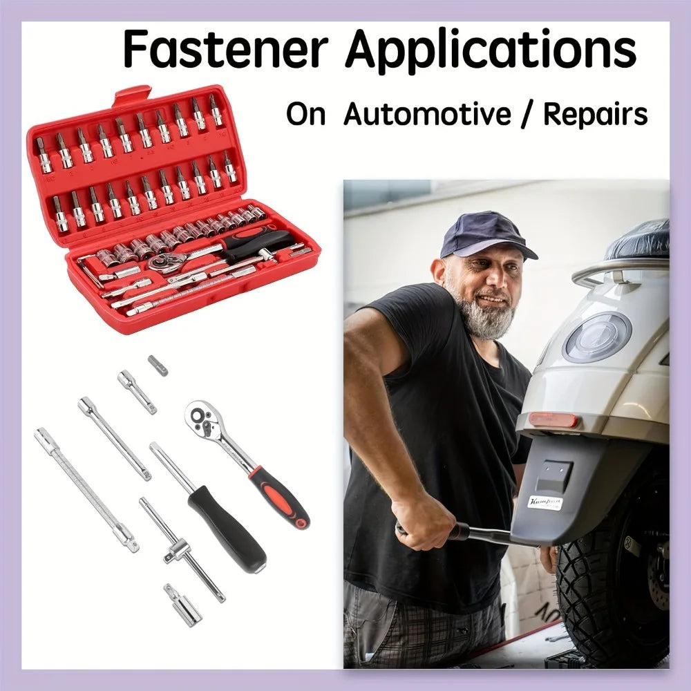 46-Pc Auto Socket & Ratchet Wrench Kit | Car Repair Toolbox Socket Wrench Set QXL