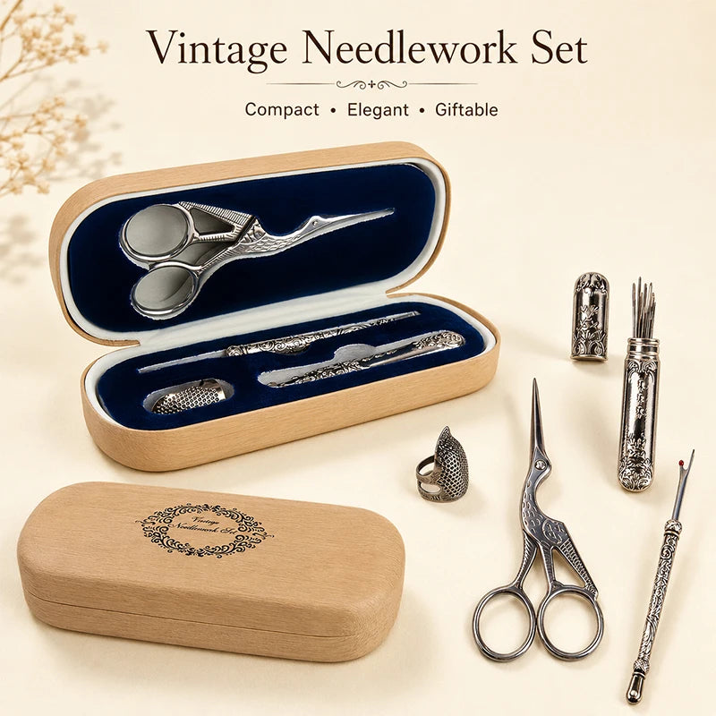 Vintage Sewing Tool Set with Wooden Box | DIY Embroidery Gift Sewing Tool Set QXL