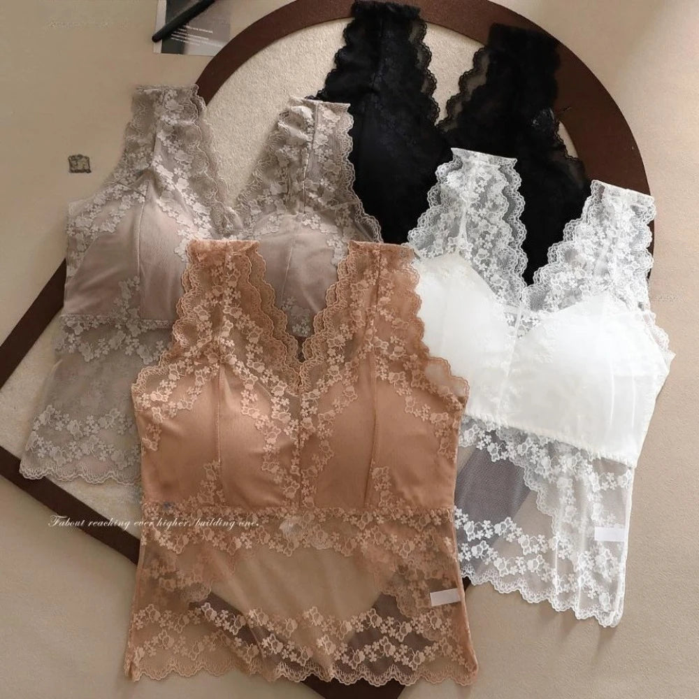 Women's Lace V-Neck Camisole Top with Built-In Bra Pads Lace Camisole Top QXL