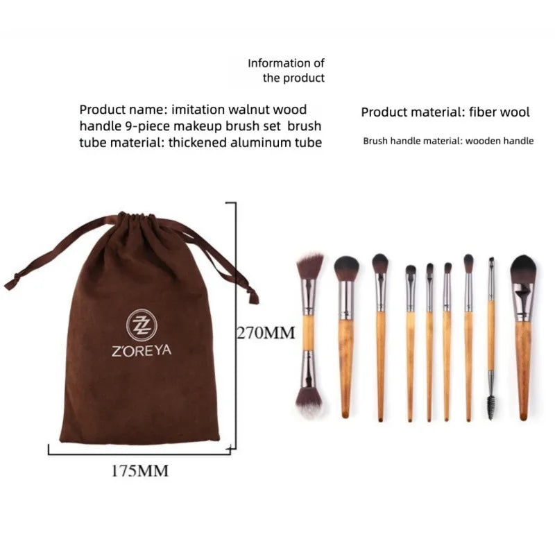 Zoreya 9-Piece Walnut Wood Makeup Brush Set | Full Face Makeup Brush Set QXL