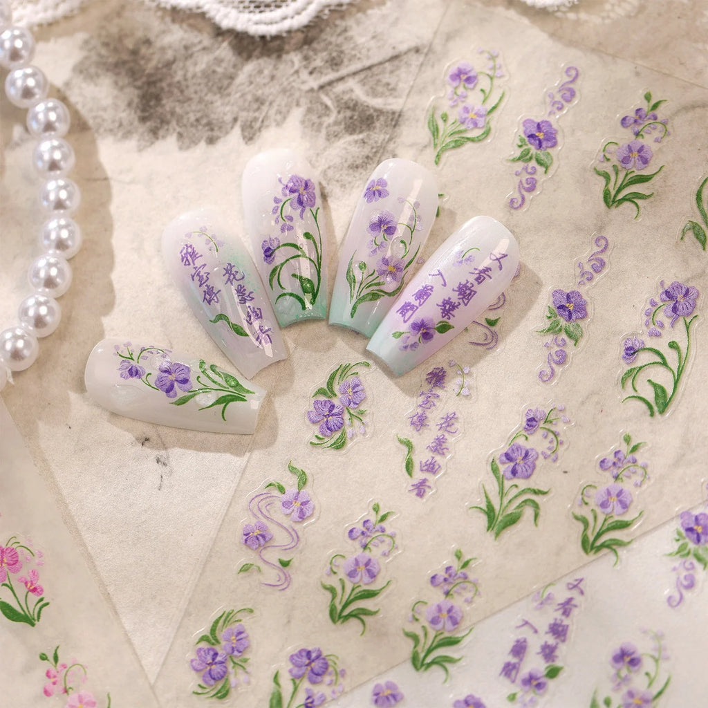 5D Orchid & Calligraphy Nail Stickers | Self-Adhesive Manicure Art Nail Art Stickers QXL