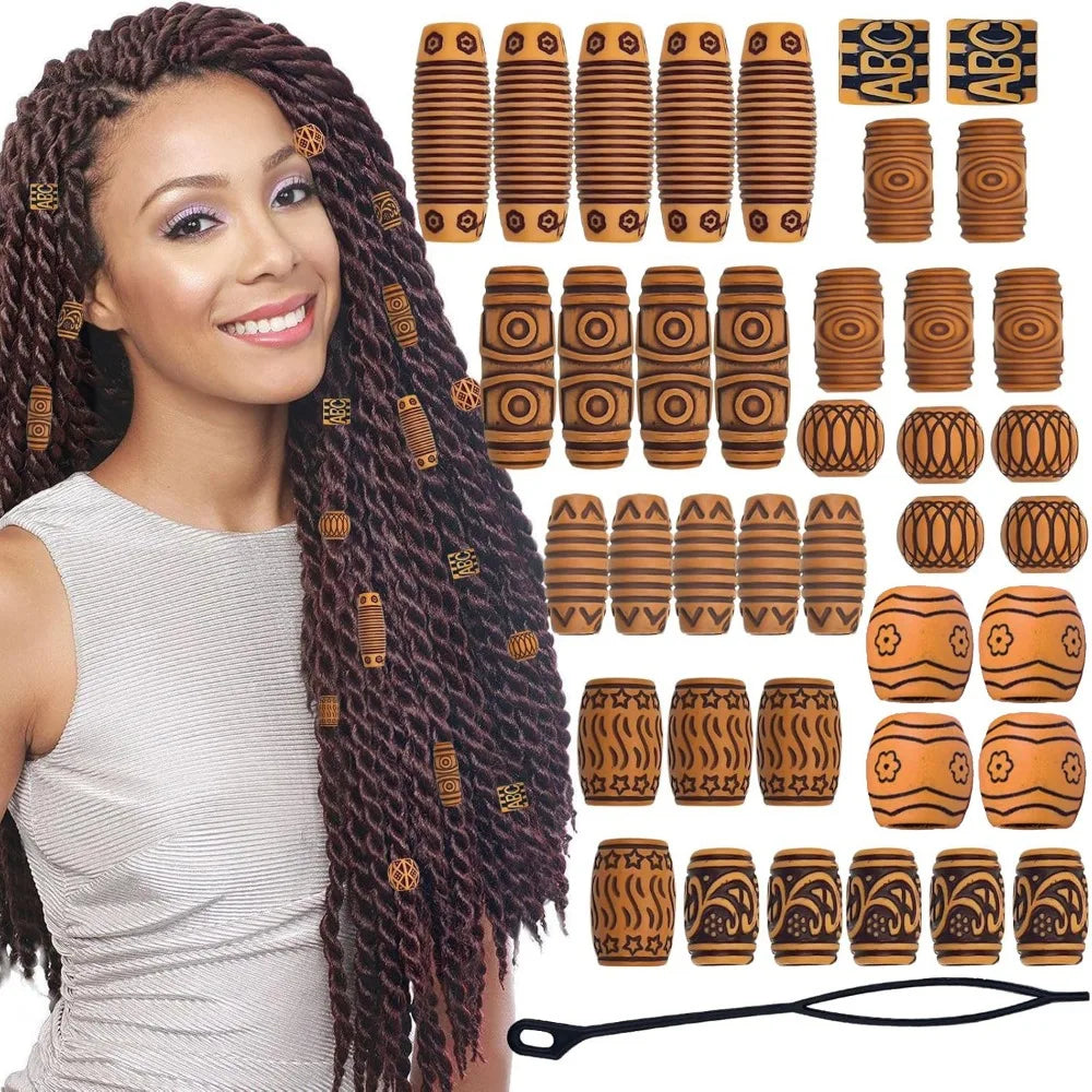 50-Pack Wooden Dreadlock Braiding Beads | Carved Hair Beads Hair Braiding Beads QXL