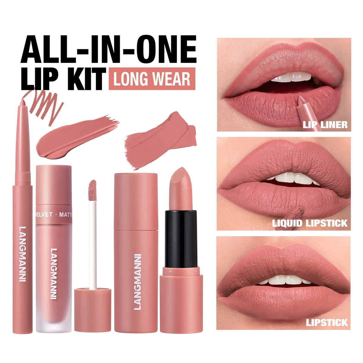 LANGMANNI 3-Pc Waterproof Matte Lip Kit – Liner & Lipstick Set Lip Makeup Kit QXL