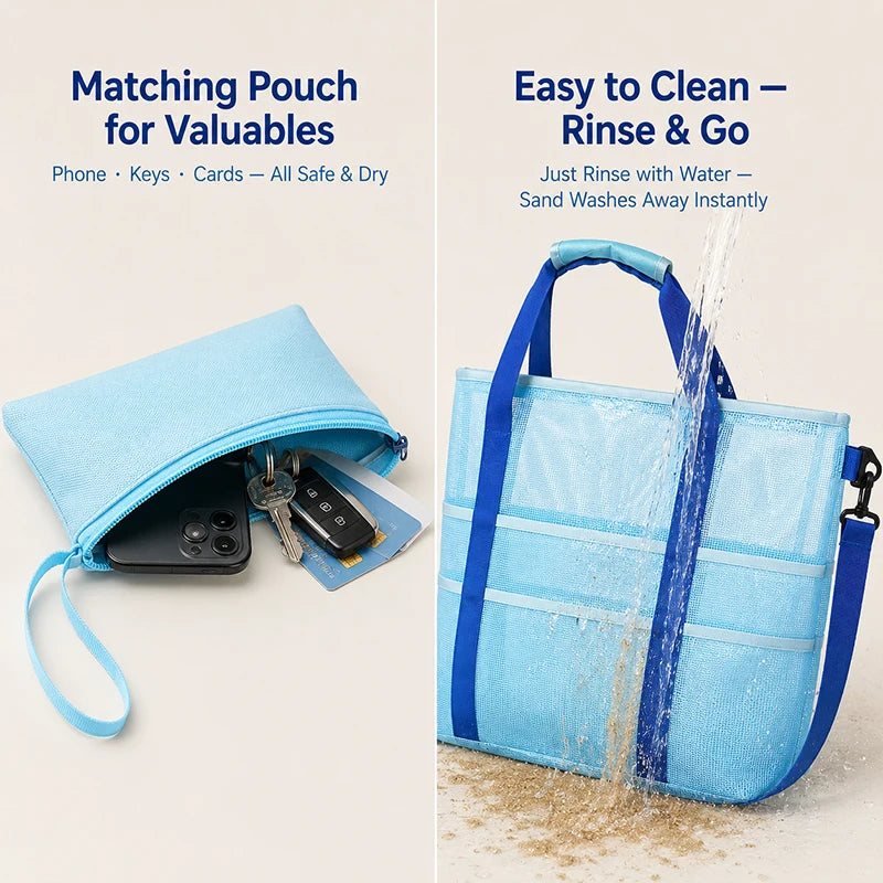 2-in-1 Quick Dry Mesh Beach Tote Bag with Detachable Pouch Mesh Beach Tote QXL