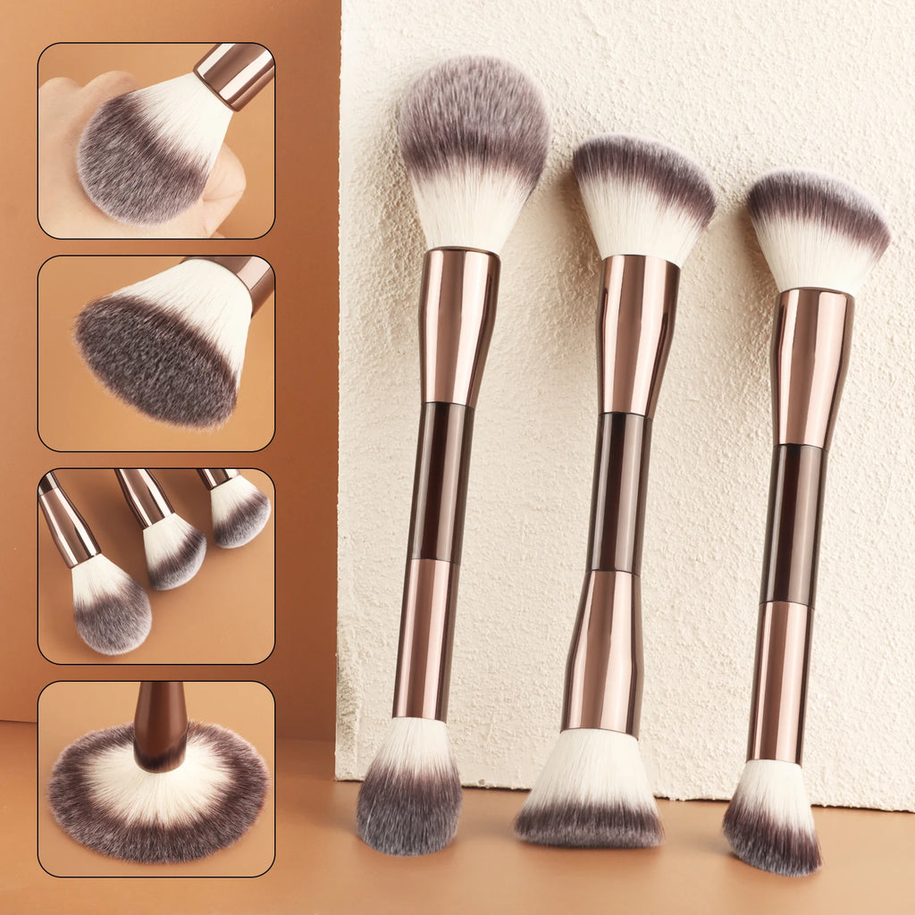 Ronshadow 3-Pc Double-Ended Makeup Brush Set | Powder & Blush Makeup Brush Set QXL Coffee