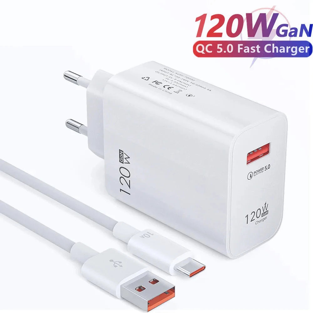 120W GaN Fast Charger QC 3.0 Wall Adapter + USB-C Cable GaN Wall Charger QXL