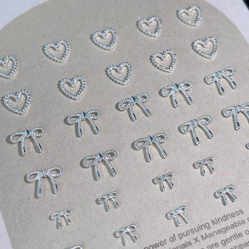 10-Pack 3D Alloy Bow & Heart Nail Art Charms | Silver Metal Nail Art Charms QXL