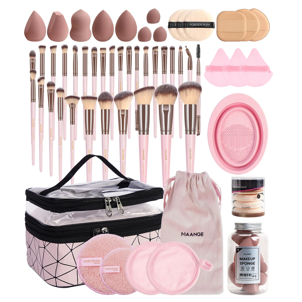 MAANGE 54-Pc Makeup Brush Kit with Sponges & Travel Bag Makeup Brush Kit QXL Pink