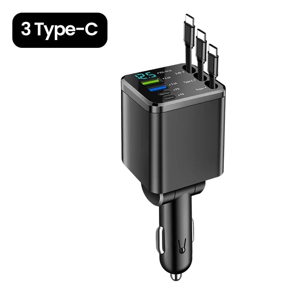 7-in-1 Retractable Car Charger USB-C PD 180W Fast Charging Car Phone Charger QXL black